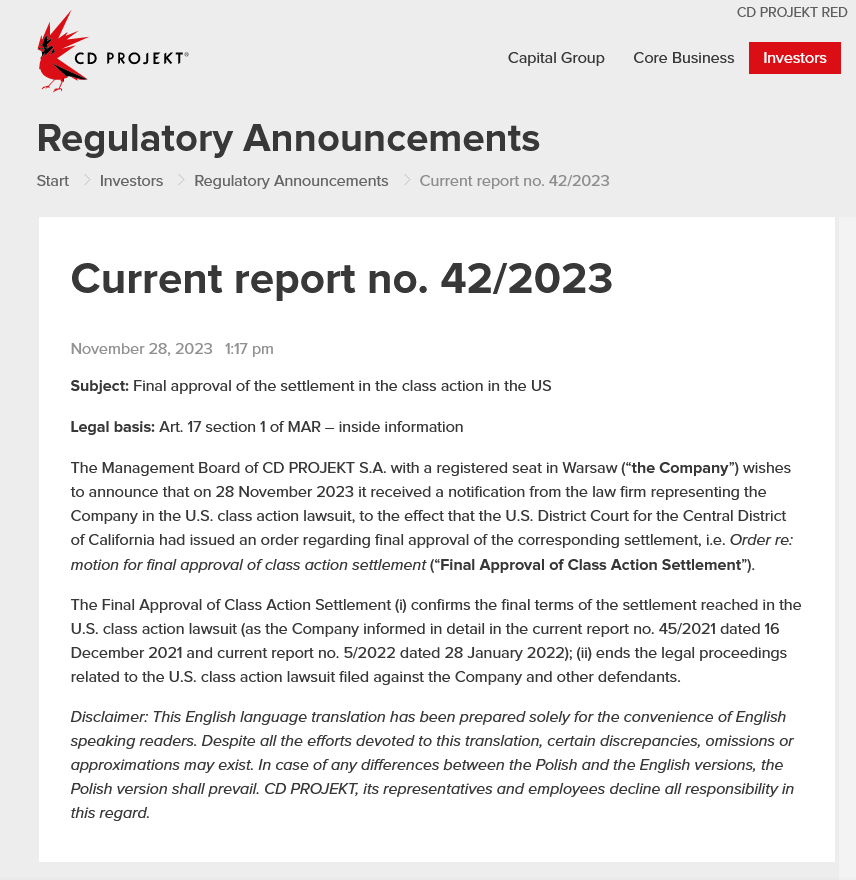 《赛博朋克2077》首发滑铁卢投资者起诉CDP现已和解